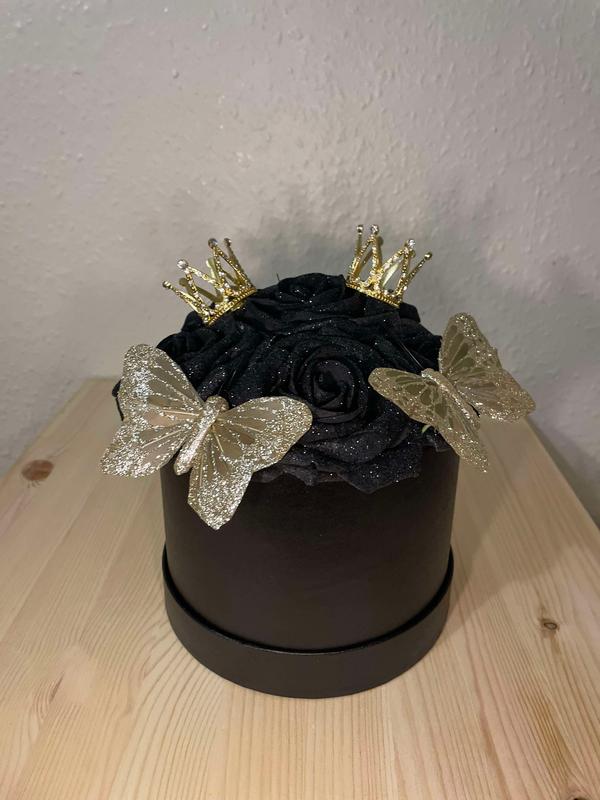 Artificial small black and gold glittered hat box arrangement with roses small crown and gold butterflies bespoke arrangement 5
