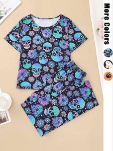 Women's Halloween Pumpkin & Skull Print Tee & Elastic Waist Pants Pyjama Two-piece Set, Casual Comfy Round Neck Short Sleeve T-shirt & Trousers Pj Set, Ladies Sleepwear for All Seasons