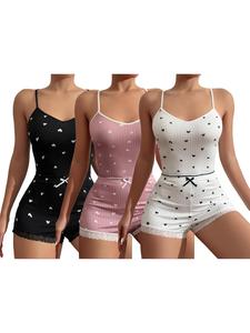 Women's All Over Heart Print Sheer Cami Top & Bow Front Contrast Lace Shorts Pyjama Set, Lounge Set, Cute Comfy Spaghetti Strap Sleeveless Top & Shorts Pj Lounge Co-ord Set, Summer Outfits 2024
