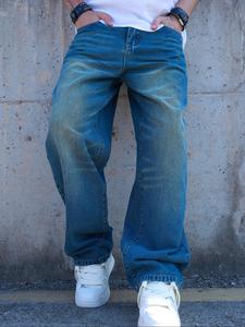 Men's Loose Solid Color Straight Leg Jeans, Casual Comfy Denim Pants for Daily Wear, Woven Bottoms for All Seasons, Cotton