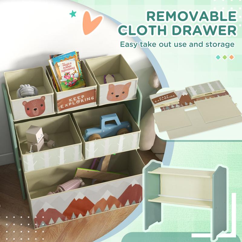 Kids Storage Units with 6 Fabric Bins, Childrens Toy Storage Organiser for Bedroom - Green Boxes Shelf Racks Steel 4