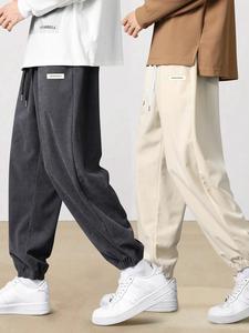 Men's Letter Patched Drawstring Waist Corduroy Pants, Casual Comfy Pocket Jogger Pants for Fall & Winter, Men's Trousers for Daily Wear