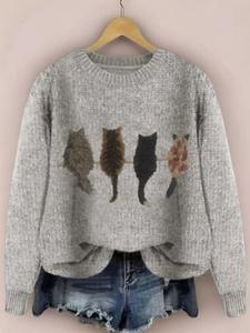 Women's Cat Print Drop Shoulder Crewneck Sweater, Elegant Chic Casual Longsleeves Round Neck Jumper for Fall & Winter, Fashion Ladies' Knitwear for Daily Wear, Mam Jumper, Knitting Tops for Women, Everyday Trending Clothing Women