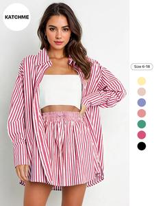 Women's Casual Striped Shirt and Pants Set, Long Sleeve Button Front Top, Split Thigh Design, Summer, Fashionable Two-Piece Clothing, Casual Loungewear Set, Womenswear