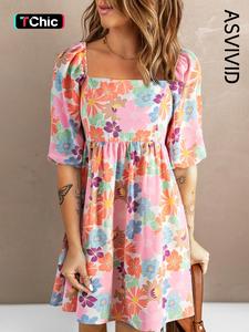 Women's Floral Print Puff Sleeve Smock Dress, Boho Romantic Short Sleeve Square Neck A Line Dress for Vacation Wedding Guest, Ladies Summer Clothes
