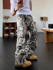 Men's Leaf Print Zipper Flap Pocket Cargo Pants, Loose Casual Streetwear Trousers for Outdoor Wear, Men's Bottoms for Spring & Fall