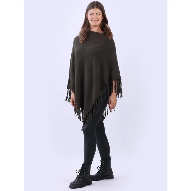 Cozy Cowl Neck Ladies Knitted Fringe Poncho 6