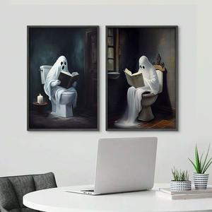 Ghost Reading Book Pattern Unframed Painting, 1 Count Modern Canvas Wall Art, Wall Decor for Home Living Room Bedroom Office School, Halloween