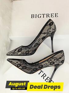 Women's Mesh Hollow Contrast Lace Pointed Toe Stiletto Heeled Pumps,  Stylish Elegant High Heeled Dress Formal Shoes for Party, Black Classy Stiletto, Formal Heels, Daily Clothing Decor for Girl, Perfect Footwear for Outfit Matching, Wedding Party Shoes
