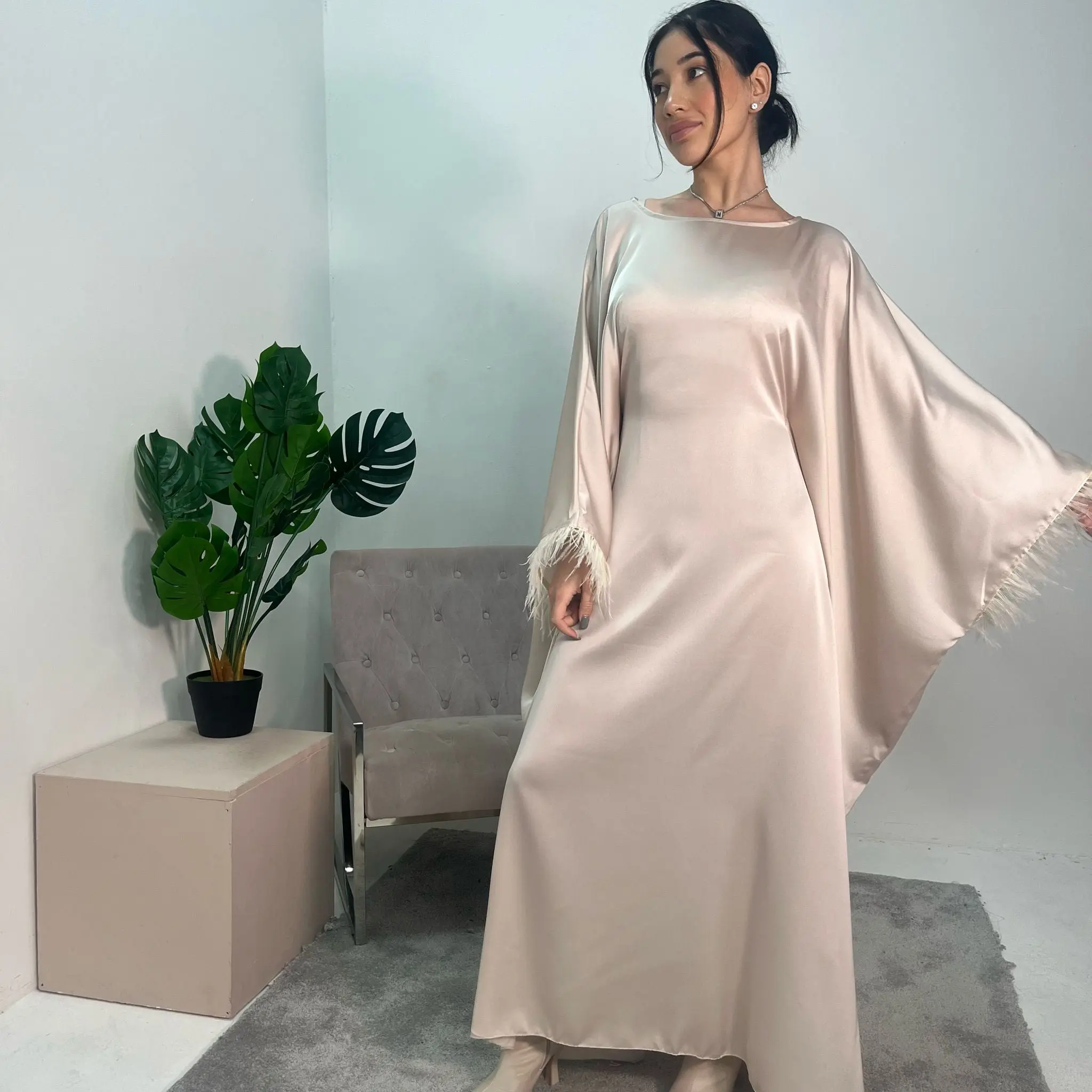 Haniya Beige Fur Trim Kaftan Dress