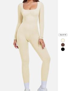 Women's Solid Square Neck Long Sleeve Seamless Shaping Jumpsuit, Casual Comfy Tight-fitting Jumpsuit for Spring & Fall, Ladies Clothes for Daily Wear