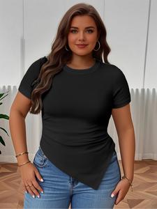 【Plus Size】 Solid Color Asymmetrical Hem Tee, Casual Short Sleeve T-shirt for Summer, Women's Plus Clothing for Daily Wear