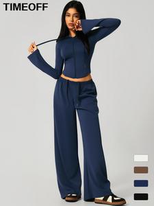 TIMEOFF Two-piece set Women's Patchwork High Elastic Soft Hoodie with Pants Pocket Flared Pants Yoga Clothes suit Autumn and Winter Outdoor Walking Shopping Fashion suit Gym Sports Training All-match Jacket Flared Pants