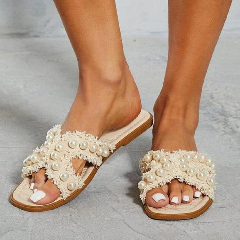 Women's Pearl Slider Mule Flat Sandals - Slip On Style, Size 3-8 8