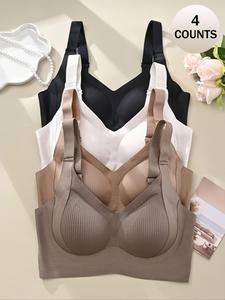 Women's Solid Color Seamless Wireless Bra, High Stretch Breathable Comfortable Adjustable Strap Triple-breasted Bra, Softness Lingerie Top for Daily Wear, Elegant