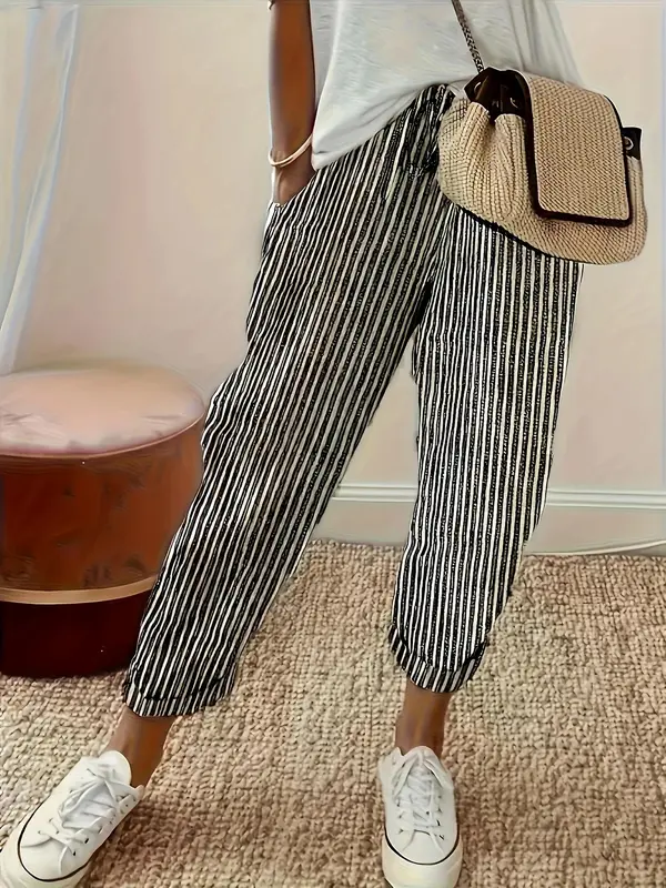 Baggy Legged Pants, Women's Striped Wide-Leg Casual Pants – High Waisted, Comfortable All-Season Wear, Side Stripe Detail, Machine Washable, Perfect for Casual Outings, Travel, Beach Days, Vacation, Resort Wear, Relaxing Weekend, Summer Daily Wear 3