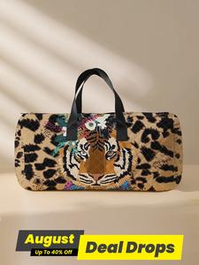 Leopard Tiger Embroidered Quilted Leopard Print Duffle Bag, Large Capacity Lightweight Carry On Travel Duffel Bag, Portable Overnight Stylish Travel Essentials Carryall, Crossbody Bag with Shoe Storage, Traveling Bag