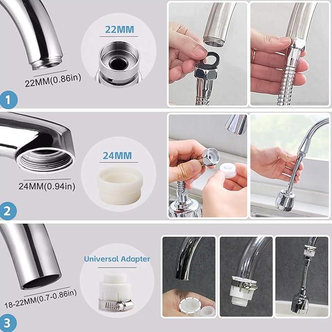 Kitchen Tap Spray Head - 360° Swivel Kitchen Tap Extension - 3 Water Flow Modes Faucet Extender Tap Attachment - 22mm/24mm Compatible - Fits Standard Tap Adapter for Kitchen Sink 3