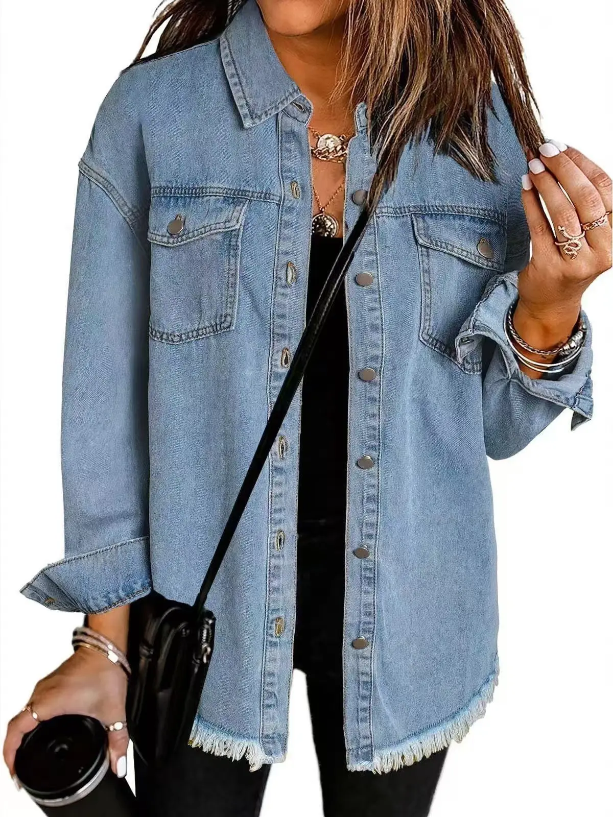 Women's Denim Coat with Wiped Edge and Pockets - Pure Color Single-Breasted Cardigan Jacket for Loose Fit - Womenswear, Tops