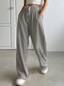 Women's Striped Print Drawstring Waist Wide Leg Pants, Casual Pocket Trousers for Summer, Women's Bottoms for Daily Wear, Casual Chic Trousers