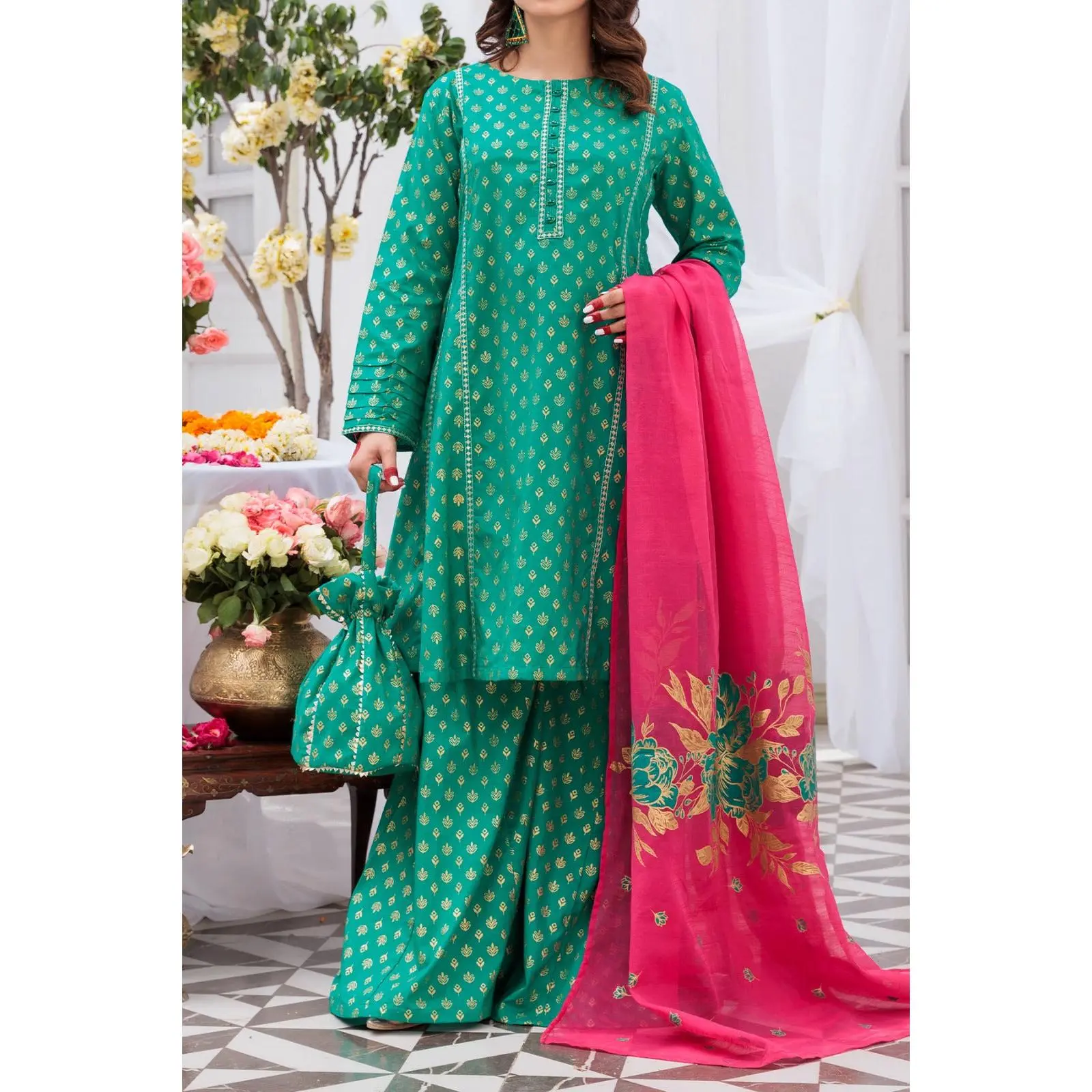 Green Embroidered Screen printed Cambric frock with Culottes and Slub Organza Dupatta