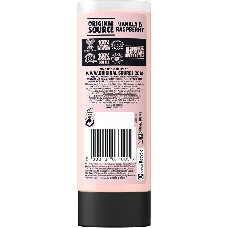 Original Source Vanilla & Raspberry Shower Gel, 100 Percent Natural Fragrance, Vegan, Cruelty Free, Paraben Free, Bulk Buy, Pack of 6 x 250 ml 2