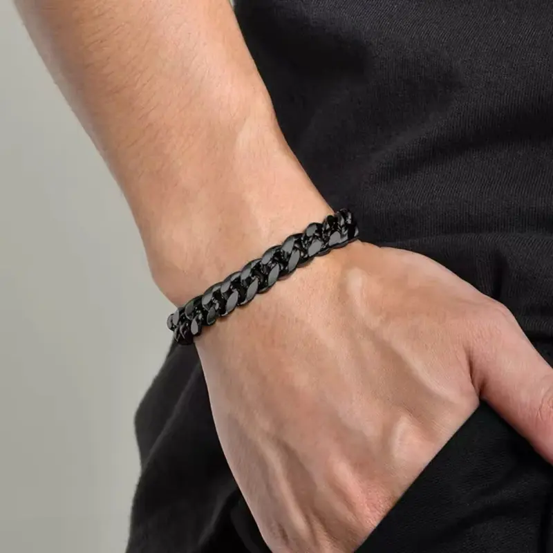 Classic Stainless Steel Cuban Chain Bracelet - Black, 3mm/5mm/7mm Widths - Uk Delivery