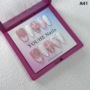 Hand-worn nail, carved shell, almond nail art, mermaid, high-end feel, detachable false nail patches press  nails miffy  nails miffy  nails short  press  nails