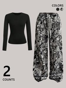 Women's Plain  Top & Camo Print Wide Leg Pants Two-piece Set, Casual Fashion Cozy Round Neck Long Sleeve Top & Trousers for Daily Outdoor Wear, Ladies Clothes for All Seasons