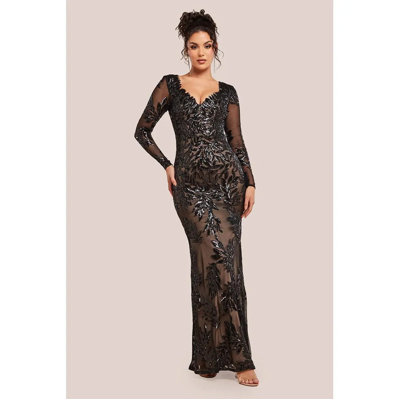 Goddiva Sequin Leaf Long Sleeve Maxi Dress - Black