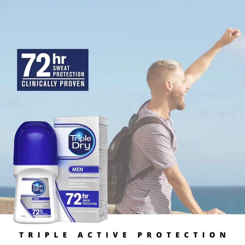 Triple Dry Men | Anti-Perspirant Roll On 50ml | 72-Hour Protection Against Excessive Sweating | Fights Odour | Triple Active Formula | Fragrance-Free | Clinically Proven | Male 3