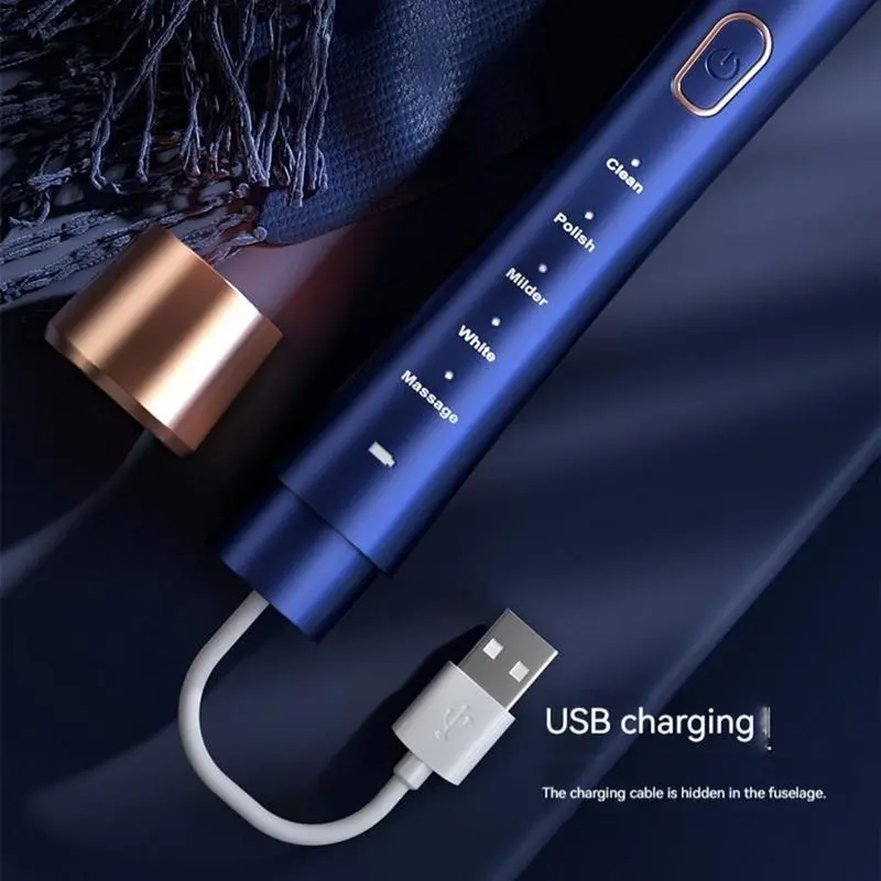 【UK SELLER】Electric USB Charging Toothbrush, 1 Count Soft Bristles Toothbrushes & 4 Counts Brush Head & 1 Count Charging Cable, Intelligent Cleaning Toothbrushes, Valentine's Day Gift Oral Sensitive Cleansing Blue 5