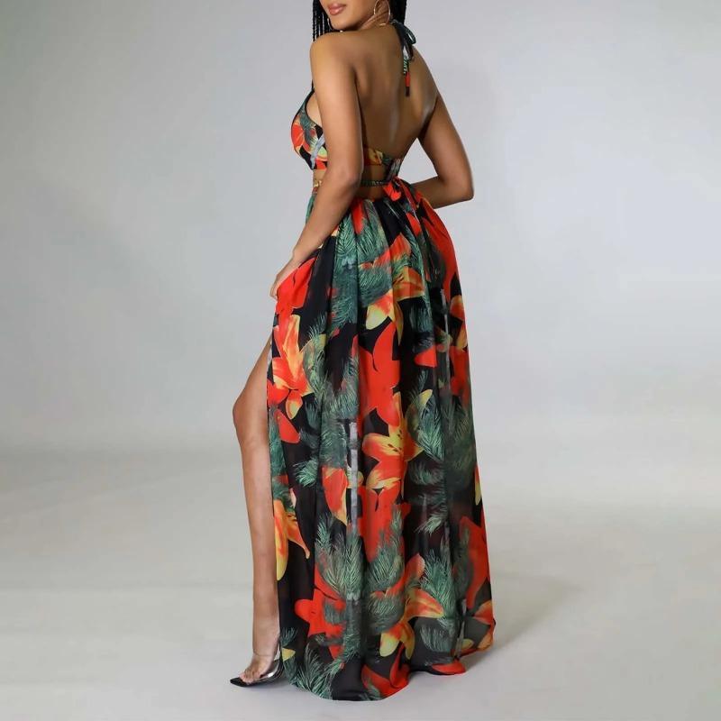 Floral Print Maxi Dress For Women Stylish French Halterneck Summer Dress Mid Length Camisole Dress Elegant High Split Dress 4