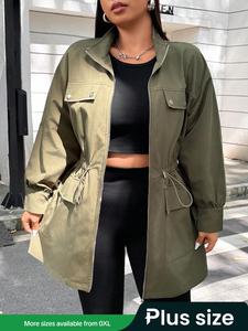 【plus Size】 Solid Zipper Pocket Drawstring Trench Coat, Casual Fit Long Sleeve Collared Outerwear for Spring & Fall, Women's Jacket for Daily Wear, Everyday Womenswear