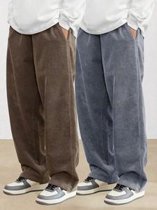 Men's Solid Pocket Drawstring Waist Corduroy Pants, Loose Casual Comfy Straight Leg Trousers for Fall & Winter, Men's Bottoms for Daily Wear