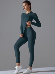 Women's Solid Long Sleeve Top & Leggings Tracksuit Set, Sporty Quick Drying Outfits for Yoga Gym Workout Running Fitness, Activewear, Athleisure Wear Set, Gym Exercise Activewear, Workout Sets Women, Athletic Sports Clothing, Gym Workout Clothes