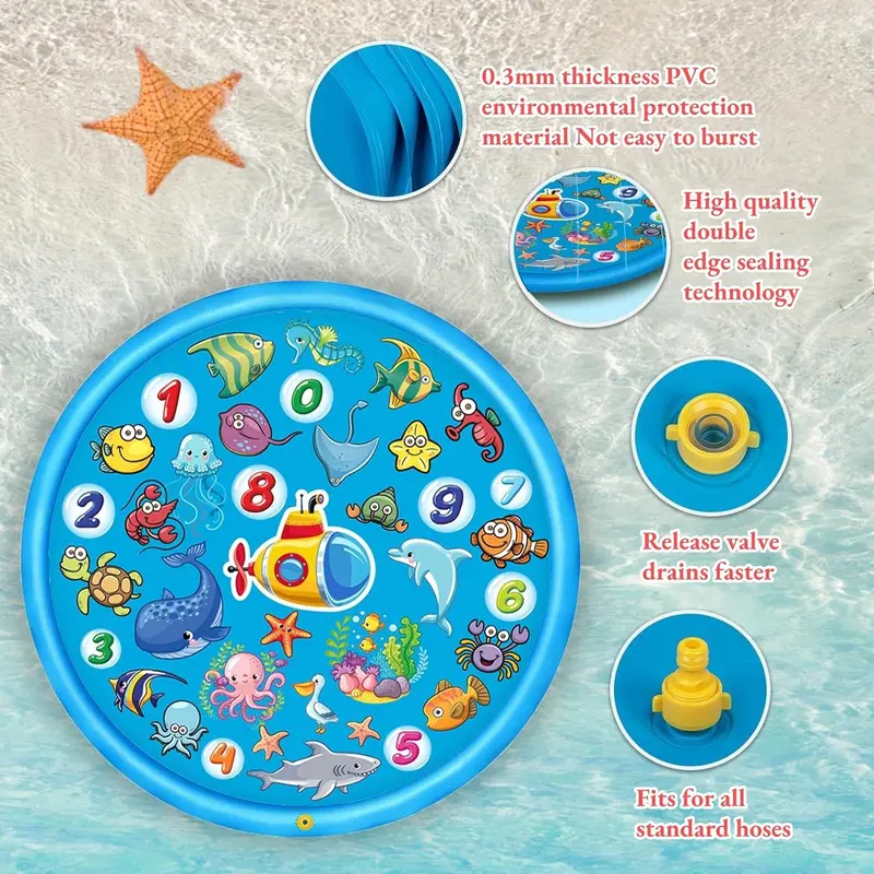 Kids Sprinkle and Splash Play Mat, 68'' Summer Garden Outdoor Spray Water Play Sprinklers Games Garden Beach Spray Mat, Sprinkle Splash Water Pad Toys Pool Toy Gifts for Boys Girls 1