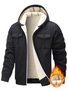 Men's Solid Pocket Drawstring Zip Up Hooded Jacket, Casual Regular Fit Long Sleeve Thermal Lined Outerwear for Fall & Winter, Men's Clothes for Daily Wear