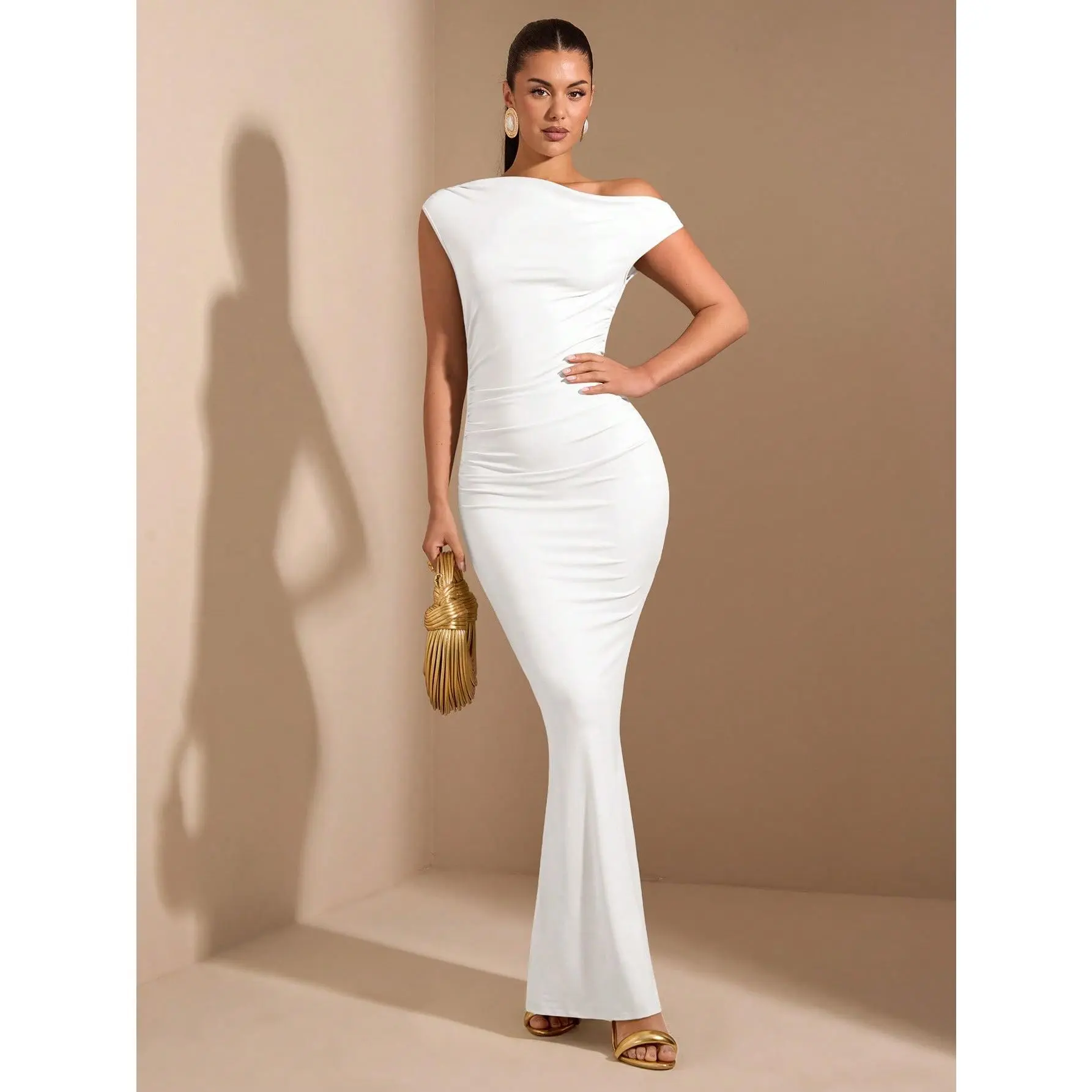 BAE Fall Outfits Wear For Daily Dating Trips Party Parties Wear An Elegant Diagonal Shoulder Asymmetrical Super-Long Fishtail Dress,White Graduation Dress