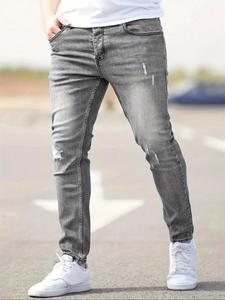 Men's Regular Fit Solid Color Ripped Slim Jeans, Casual Comfy Denim Pants for Daily Wear, Fashion Men's Bottoms for All Seasons, Cotton