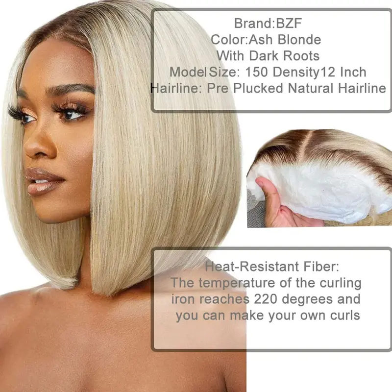 Short Bob Wig Ombre Blonde Lace Front Synthetic Wigs For Women Straight 150 Density 13x3 Colored Dark Roots Glueless Wig 3