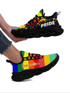 Men's Fashionable Rainbow Stripes & Letters Pattern Lace Up Low Top Sneakers, Casual Breathable Lightweight Comfortable Sports Running Shoes for Daily Wear