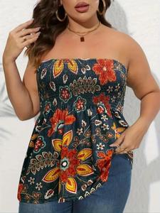 【Plus Size】 Floral Print Tube Top, Casual Sleeveless Strapless Top for Summer, Women's Clothes for Daily Wear