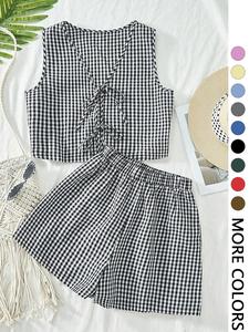 2-piece plaid striped vest and high-waisted loose shorts women's casual suit