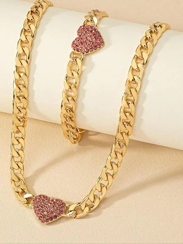 Women's Elegant Rhinestone Decorated Heart Design Necklace & Bracelet Set, Exquisite Trendy Chain Design Jewelry Set, Fashionable Jewelry Set As Gift for Women Gifts For Girlfriend, Valentine's Day, Gift 3