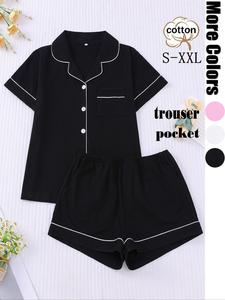 【Cotton】Women's Contrast Binding Lapel Shirt & Elastic Waist Shorts Pajama Two-piece Set, Casual Comfy Short Sleeve Top & Shorts PJ Set, Ladies Summer Sleepwear