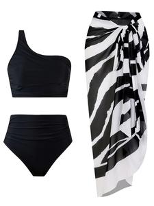 Three-piece Set Women's Ruched Bikini Set, Casual Solid Asymmetrical Hem Swim Bra & Swim Panty & Zebra Stripe Print Cover Up Skirt Set, Ladies Swimsuit for Beach Holiday Vacation, Summer Bikini Beach, Swimwear Set