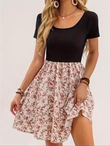 Women's Ditsy Floral Print Dress, Elegant Short Sleeve Dress for Spring & Fall, Women's Clothing for Daily Wear, Womenswear