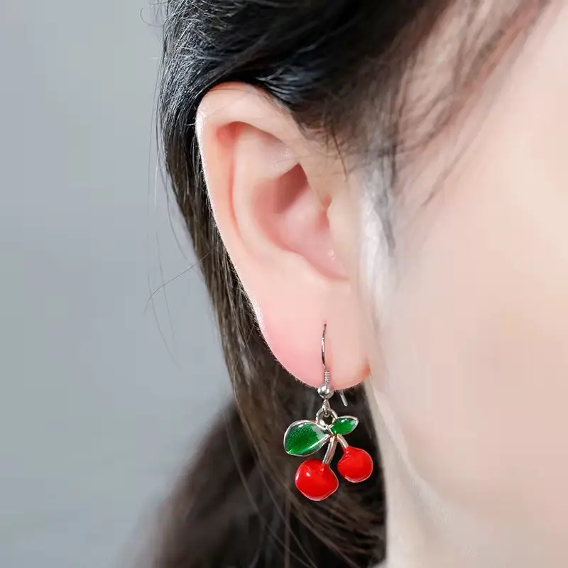 CHERRY EAR HOOK EARRINGS 15mm -  Sweet and Fruity life-like cherry resin stainless steel earrings 2