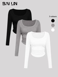 Women's Plain Ruched Scoop Neck Tee, Casual Longsleeves T-shirt for Spring & Summer & Fall, Summer Tops, Holiday Outfits, Ladies Clothes for Daily Wear, Summer Clothes, Balkan School Outfits